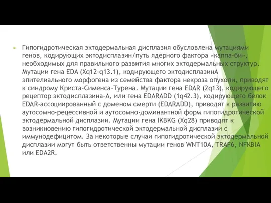 Гипогидротическая эктодермальная дисплазия обусловлена мутациями генов, кодирующих эктодисплазин/путь ядерного фактора «каппа-би», необходимых