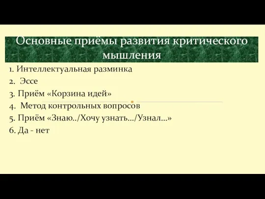 1. Интеллектуальная разминка 2. Эссе 3. Приём «Корзина идей» 4. Метод контрольных