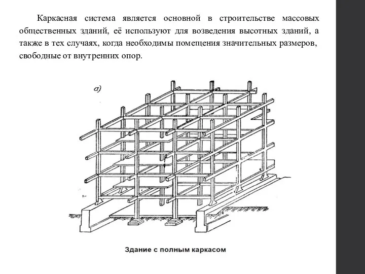 Каркасная система является основной в строительстве массовых общественных зданий, её используют для