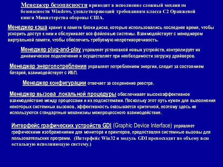 Менеджер безопасности приводит в исполнение сложный механизм безопасности Windows, удовлетворяющий требованиям класса