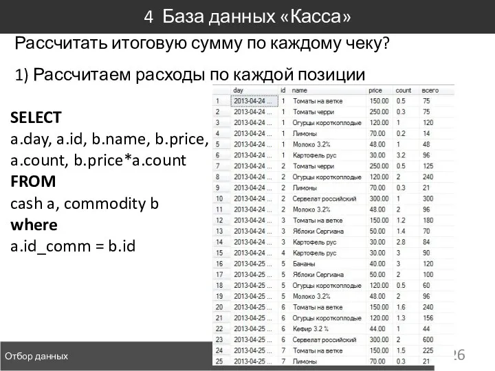 Отбор данных 4 База данных «Касса» Рассчитать итоговую сумму по каждому чеку?