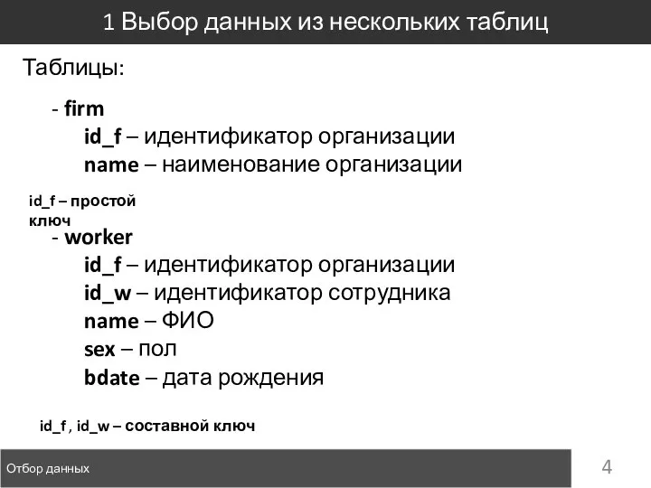 Отбор данных 1 Выбор данных из нескольких таблиц Таблицы: - firm id_f