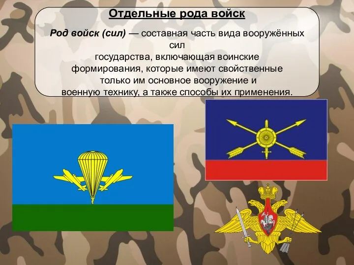 Отдельные рода войск Род войск (сил) — составная часть вида вооружённых сил