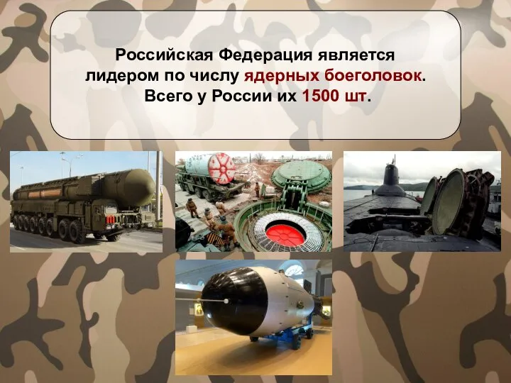 Российская Федерация является лидером по числу ядерных боеголовок. Всего у России их 1500 шт.