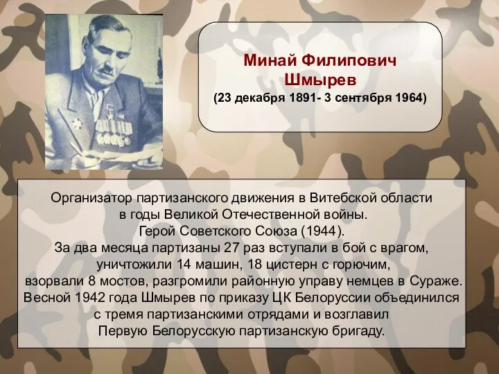 Организатор партизанского движения в Витебской области в годы Великой Отечественной войны. Герой