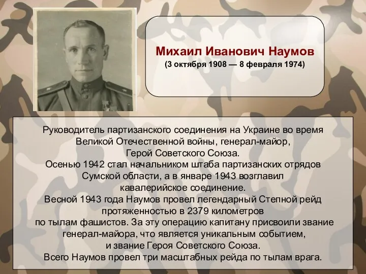 Руководитель партизанского соединения на Украине во время Великой Отечественной войны, генерал-майор, Герой