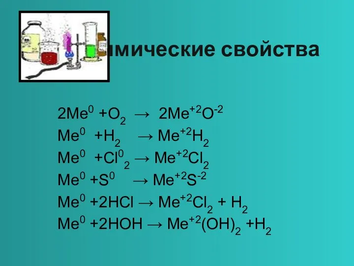 Химические свойства 2Me0 +O2 → 2Me+2O-2 Me0 +H2 → Me+2H2 Me0 +Cl02