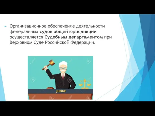Организационное обеспечение деятельности федеральных судов общей юрисдикции осуществляется Судебным департаментом при Верховном Суде Российской Федерации.