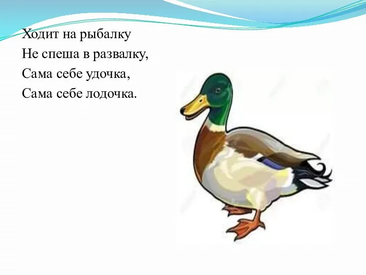 Ходит на рыбалку Не спеша в развалку, Сама себе удочка, Сама себе лодочка.