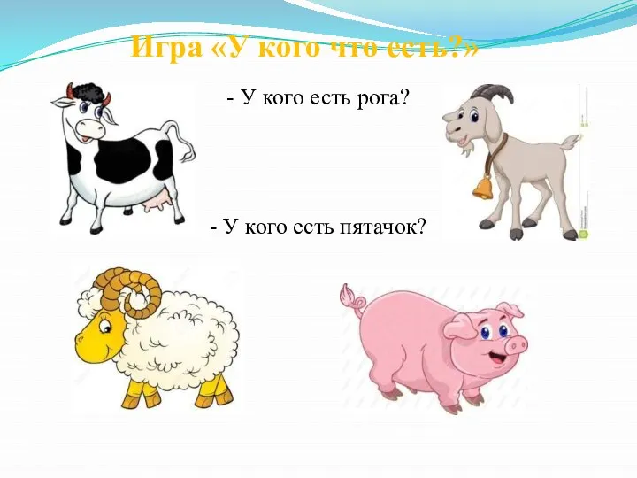 Игра «У кого что есть?» - У кого есть рога? - У кого есть пятачок?