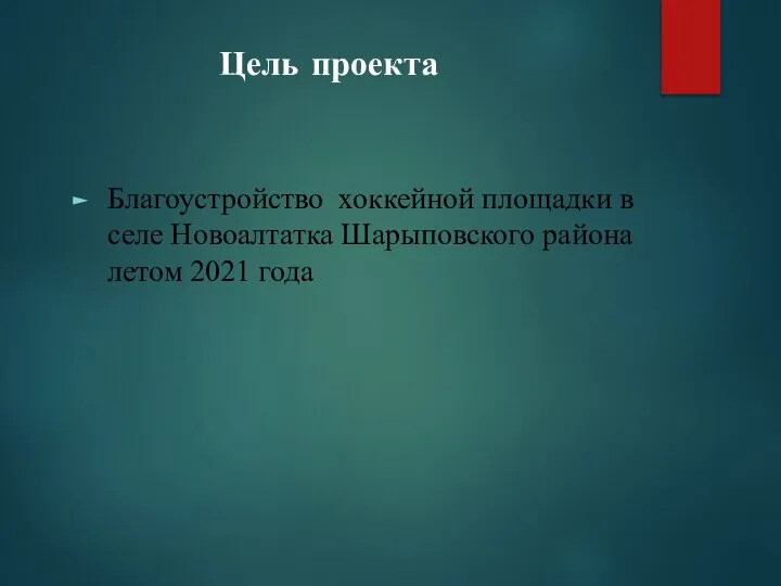 Цель проекта Благоустройство хоккейной площадки в селе Новоалтатка Шарыповского района летом 2021 года