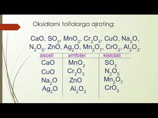 Oksidlarni toifalarga ajrating: CaO, SO3, MnO2, Cr2O3, CuO, Na2O, N2O5, ZnO, Ag2O,