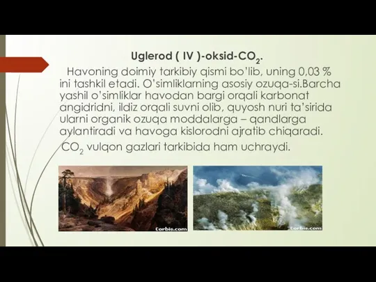 Uglerod ( IV )-oksid-CO2. Havoning doimiy tarkibiy qismi bo’lib, uning 0,03 %