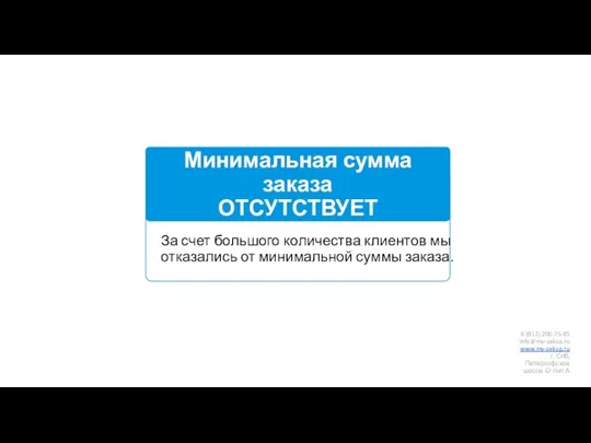 Минимальная сумма заказа ОТСУТСТВУЕТ За счет большого количества клиентов мы отказались от