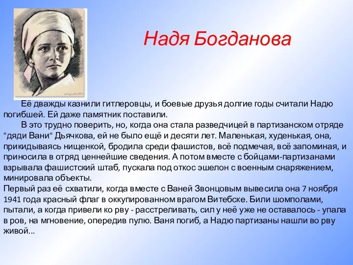 Надя Богданова Её дважды казнили гитлеровцы, и боевые друзья долгие годы считали