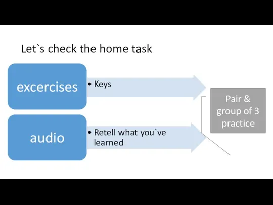 Let`s check the home task Pair & group of 3 practice