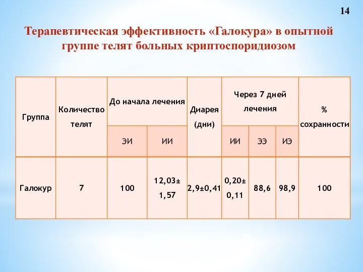 Терапевтическая эффективность «Галокура» в опытной группе телят больных криптоспоридиозом