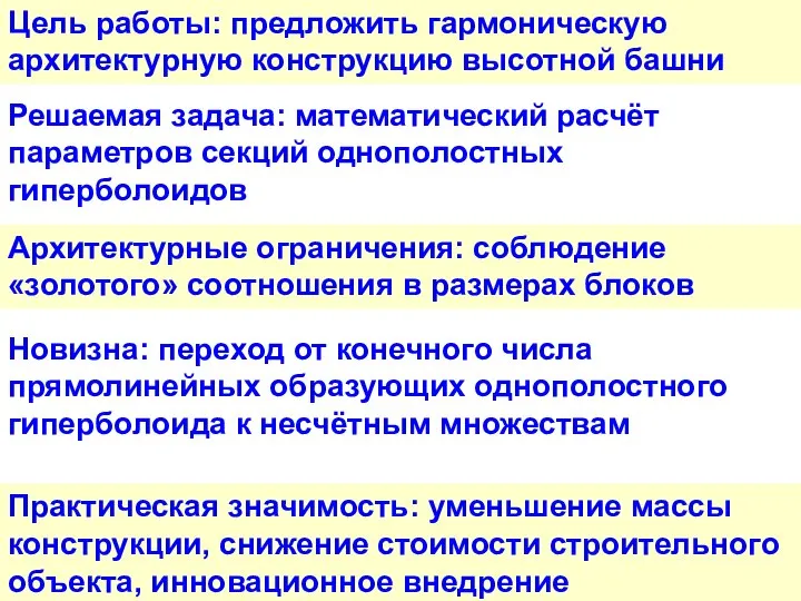 Цель работы: предложить гармоническую архитектурную конструкцию высотной башни Решаемая задача: математический расчёт