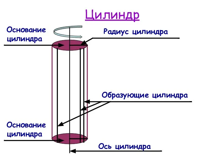 Цилиндр Ось цилиндра Основание цилиндра Основание цилиндра Образующие цилиндра Радиус цилиндра