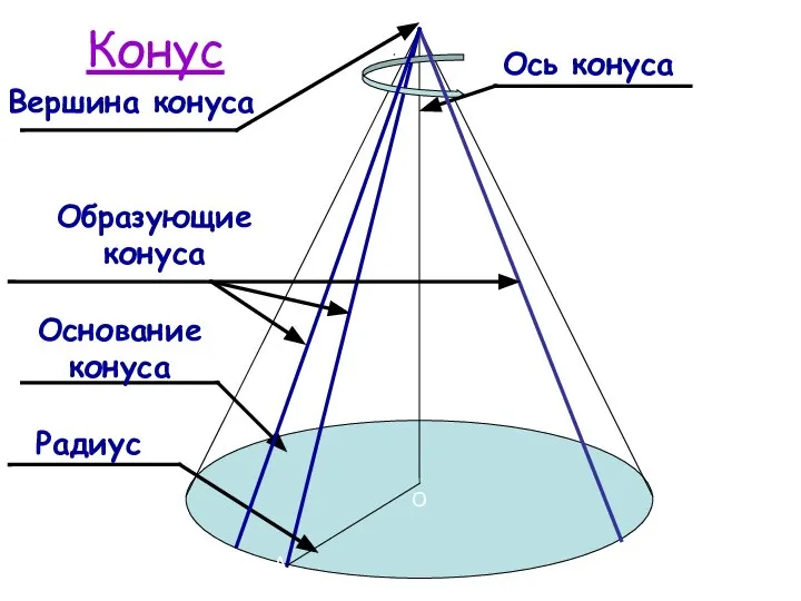 О А Р Конус Ось конуса Основание конуса Радиус Вершина конуса Образующие конуса