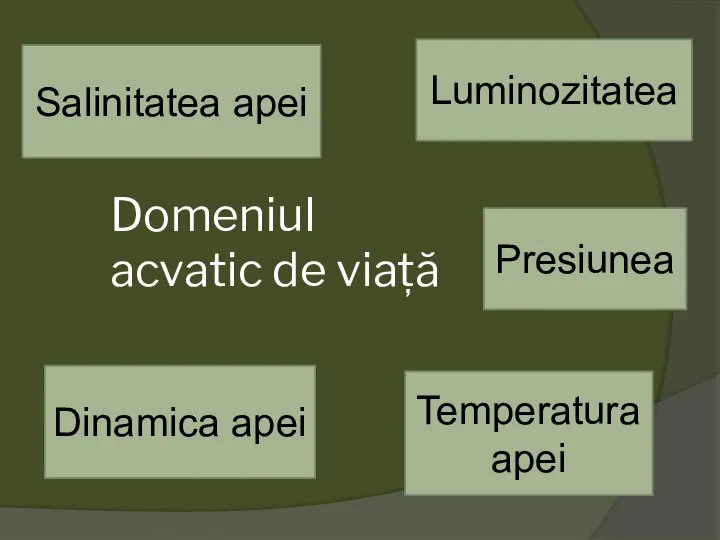 Domeniul acvatic de viață Salinitatea apei Temperatura apei Luminozitatea Presiunea Dinamica apei