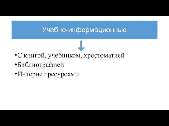 С книгой, учебником, хрестоматией Библиографией Интернет ресурсами Учебно-информационные