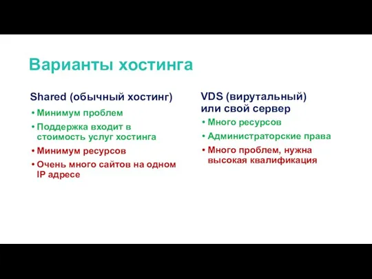 Варианты хостинга Shared (обычный хостинг) Минимум проблем Поддержка входит в стоимость услуг