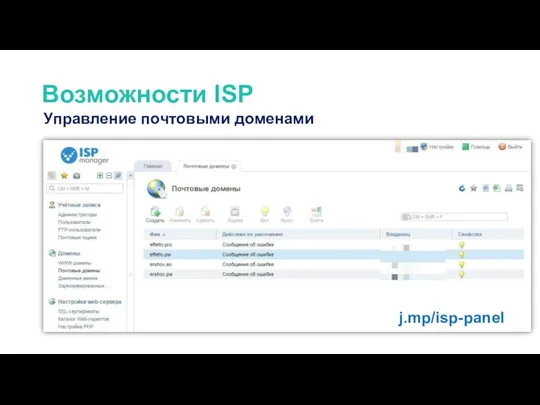 Управление почтовыми доменами Возможности ISP j.mp/isp-panel