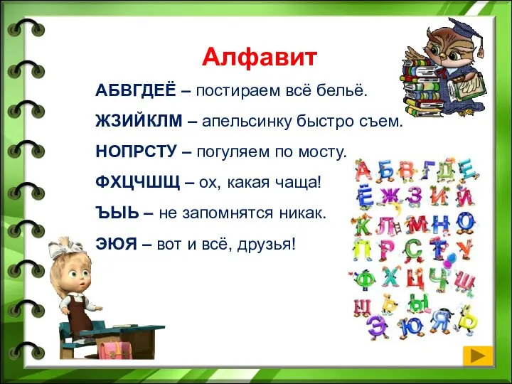 Алфавит АБВГДЕЁ – постираем всё бельё. ЖЗИЙКЛМ – апельсинку быстро съем. НОПРСТУ