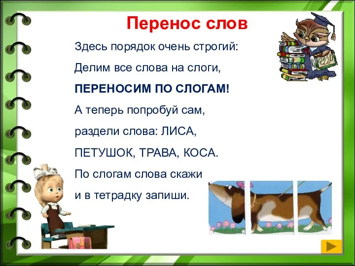 Перенос слов Здесь порядок очень строгий: Делим все слова на слоги, ПЕРЕНОСИМ