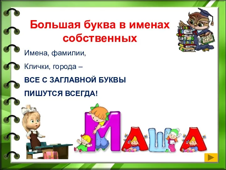 Большая буква в именах собственных Имена, фамилии, Клички, города – ВСЕ С ЗАГЛАВНОЙ БУКВЫ ПИШУТСЯ ВСЕГДА!