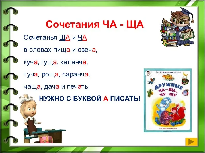 Сочетания ЧА - ЩА Сочетанья ЩА и ЧА в словах пища и