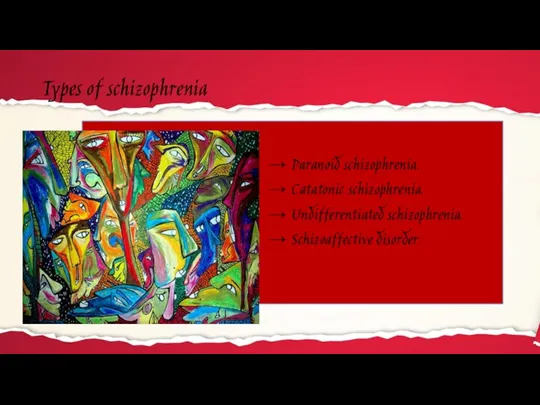 Types of schizophrenia Paranoid schizophrenia. Catatonic schizophrenia. Undifferentiated schizophrenia. Schizoaffective disorder.