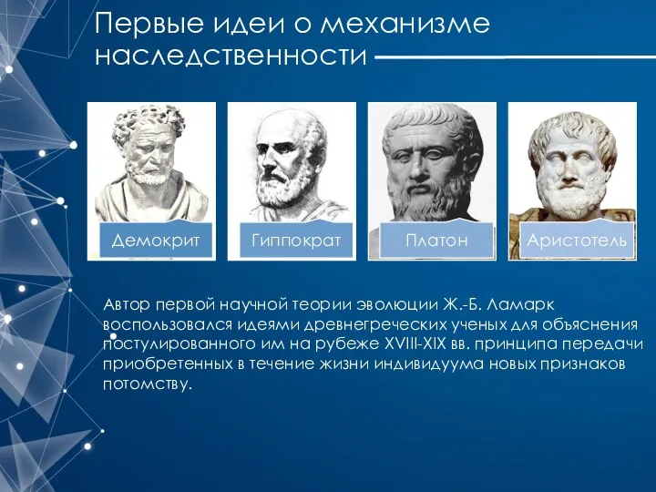 Первые идеи о механизме наследственности Автор первой научной теории эволюции Ж.-Б. Ламарк