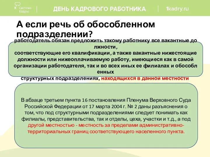 А если речь об обособленном подразделении? работодатель обязан предложить такому работнику все