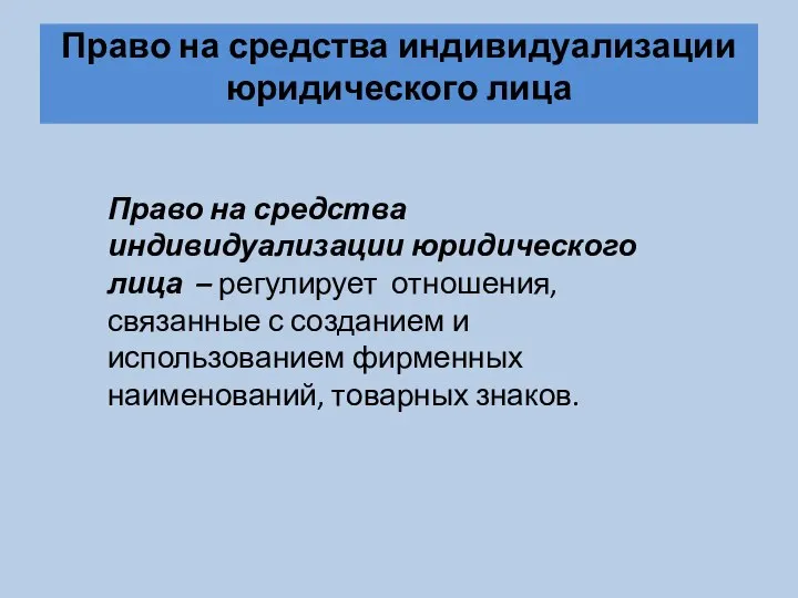 Право на средства индивидуализации юридического лица Право на средства индивидуализации юридического лица