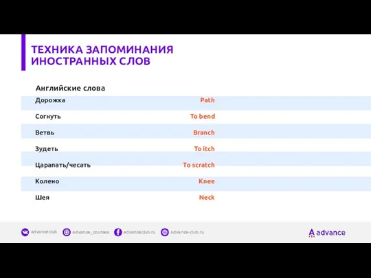 Английские слова Path To bend Branch To itch To scratch Knee Neck