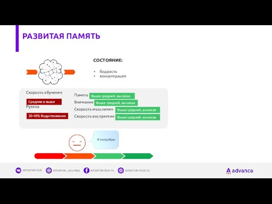 СОСТОЯНИЕ: бодрость концентрация Скорость обучения Рутина Средняя и выше 30-40% бодрствования Память