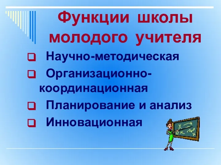 Функции школы молодого учителя Научно-методическая Организационно- координационная Планирование и анализ Инновационная