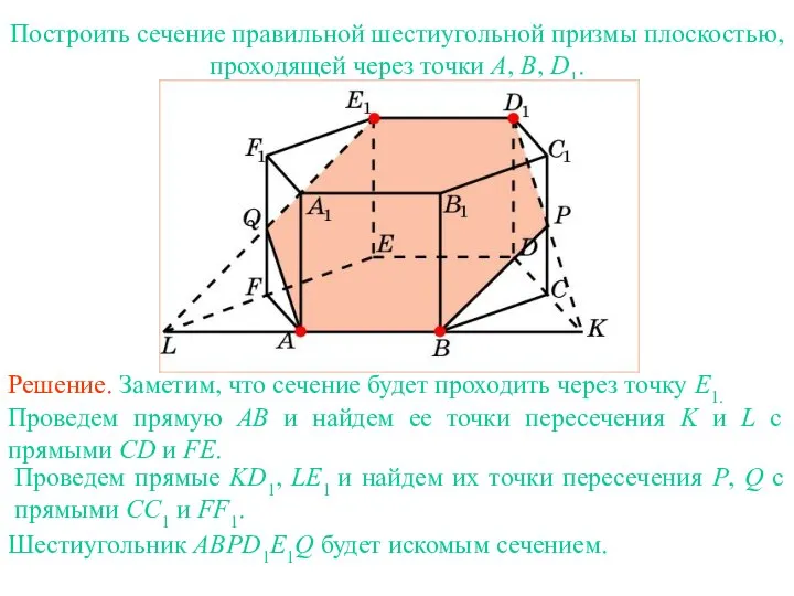 Построить сечение правильной шестиугольной призмы плоскостью, проходящей через точки A, B, D1. Упражнение 15