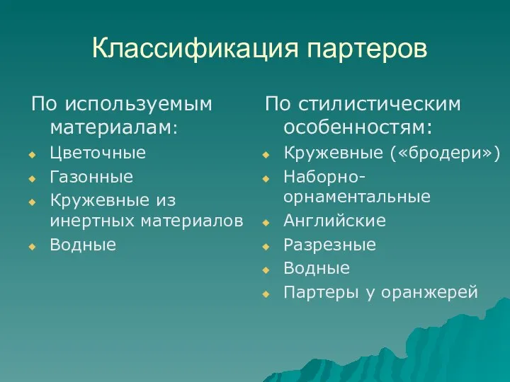 Классификация партеров По используемым материалам: Цветочные Газонные Кружевные из инертных материалов Водные