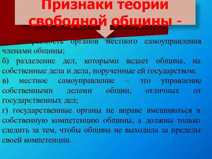 Признаки теории свободной общины - а) избираемость органов местного самоуправления членами общины;