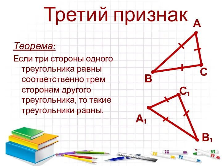 Теорема: Если три стороны одного треугольника равны соответственно трем сторонам другого треугольника,