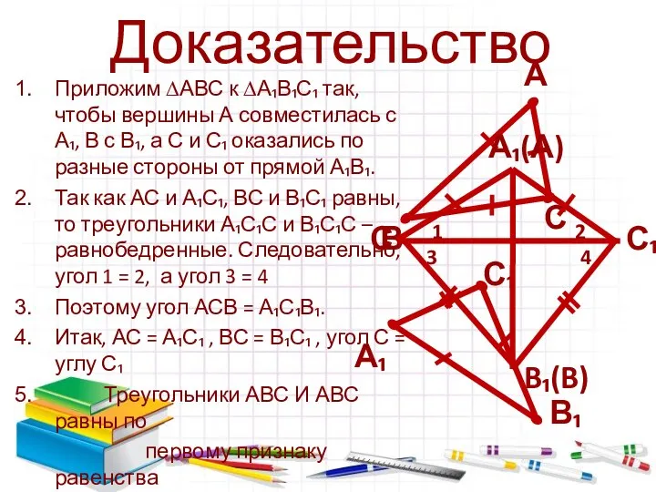 Доказательство Приложим ∆АВС к ∆А₁В₁С₁ так, чтобы вершины А совместилась с А₁,