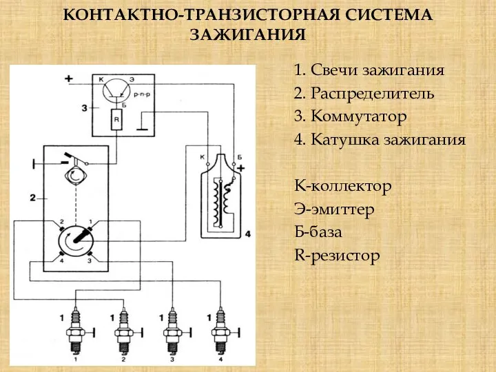 1. Свечи зажигания 2. Распределитель 3. Коммутатор 4. Катушка зажигания K-коллектор Э-эмиттер