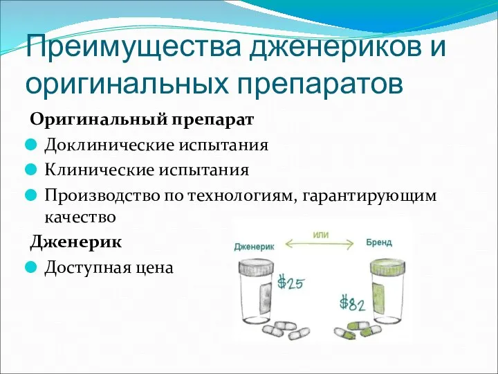 Преимущества дженериков и оригинальных препаратов Оригинальный препарат Доклинические испытания Клинические испытания Производство