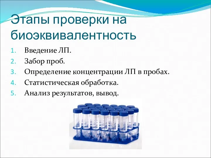 Этапы проверки на биоэквивалентность Введение ЛП. Забор проб. Определение концентрации ЛП в