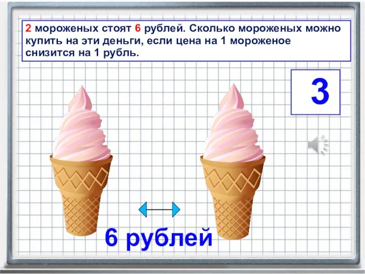 6 рублей 2 мороженых стоят 6 рублей. Сколько мороженых можно купить на