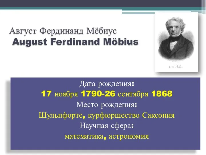 Август Фердинанд Мёбиус August Ferdinand Möbius Дата рождения: 17 ноября 1790-26 сентября