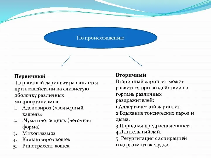 По происхождению Первичный Первичный ларингит развивается при воздействии на слизистую оболочку различных